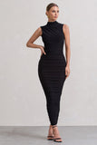 Jaded Black Bodycon Ruched High-Neck Open-Back Maxi Dress