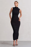 Jaded Black Bodycon Ruched High-Neck Open-Back Maxi Dress