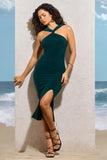 Sadira Bottle Green Twist-Neck Split Maxi Dress