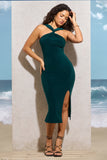 Sadira Bottle Green Twist-Neck Split Maxi Dress