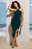 Sadira Bottle Green Twist-Neck Split Maxi Dress