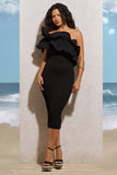 When In Rome Black Asymmetric Ruffle Midi Dress