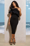 When In Rome Black Asymmetric Ruffle Midi Dress