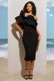 When In Rome Black Asymmetric Ruffle Midi Dress