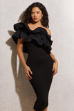 When In Rome Black Asymmetric Ruffle Midi Dress