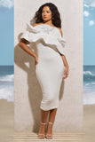 When In Rome White Asymmetric Ruffle Midi Dress