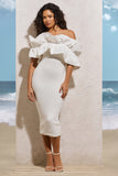 When In Rome White Asymmetric Ruffle Midi Dress