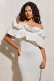 When In Rome White Asymmetric Ruffle Midi Dress