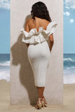 When In Rome White Asymmetric Ruffle Midi Dress