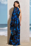 Ripple Navy Floral Print Chiffon Oversized Asymmetric Maxi Dress