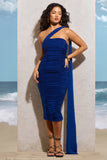 Realign Royal Blue Ruched One Shoulder Midi Dress With Sash