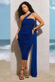 Realign Royal Blue Ruched One Shoulder Midi Dress With Sash