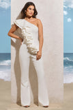 Toulouse White One Shoulder Ruffle Flared-Leg Jumpsuit