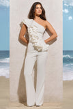 Toulouse White One Shoulder Ruffle Flared-Leg Jumpsuit