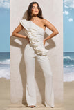 Toulouse White One Shoulder Ruffle Flared-Leg Jumpsuit