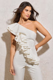 Toulouse White One Shoulder Ruffle Flared-Leg Jumpsuit