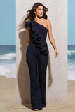 Toulouse Navy One Shoulder Ruffle Flared-Leg Jumpsuit