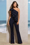 Toulouse Navy One Shoulder Ruffle Flared-Leg Jumpsuit