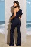 Toulouse Navy One Shoulder Ruffle Flared-Leg Jumpsuit