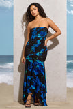 Florianne Navy Floral Print Ruched Bandeau Maxi Dress