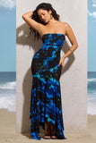Florianne Navy Floral Print Ruched Bandeau Maxi Dress
