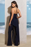 Catania Navy Flared-Leg Jumpsuit With Chiffon Cape