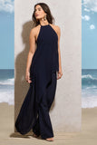 Catania Navy Flared-Leg Jumpsuit With Chiffon Cape