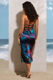 Dori Blue Print Satin Lace-Up Split Midi Dress