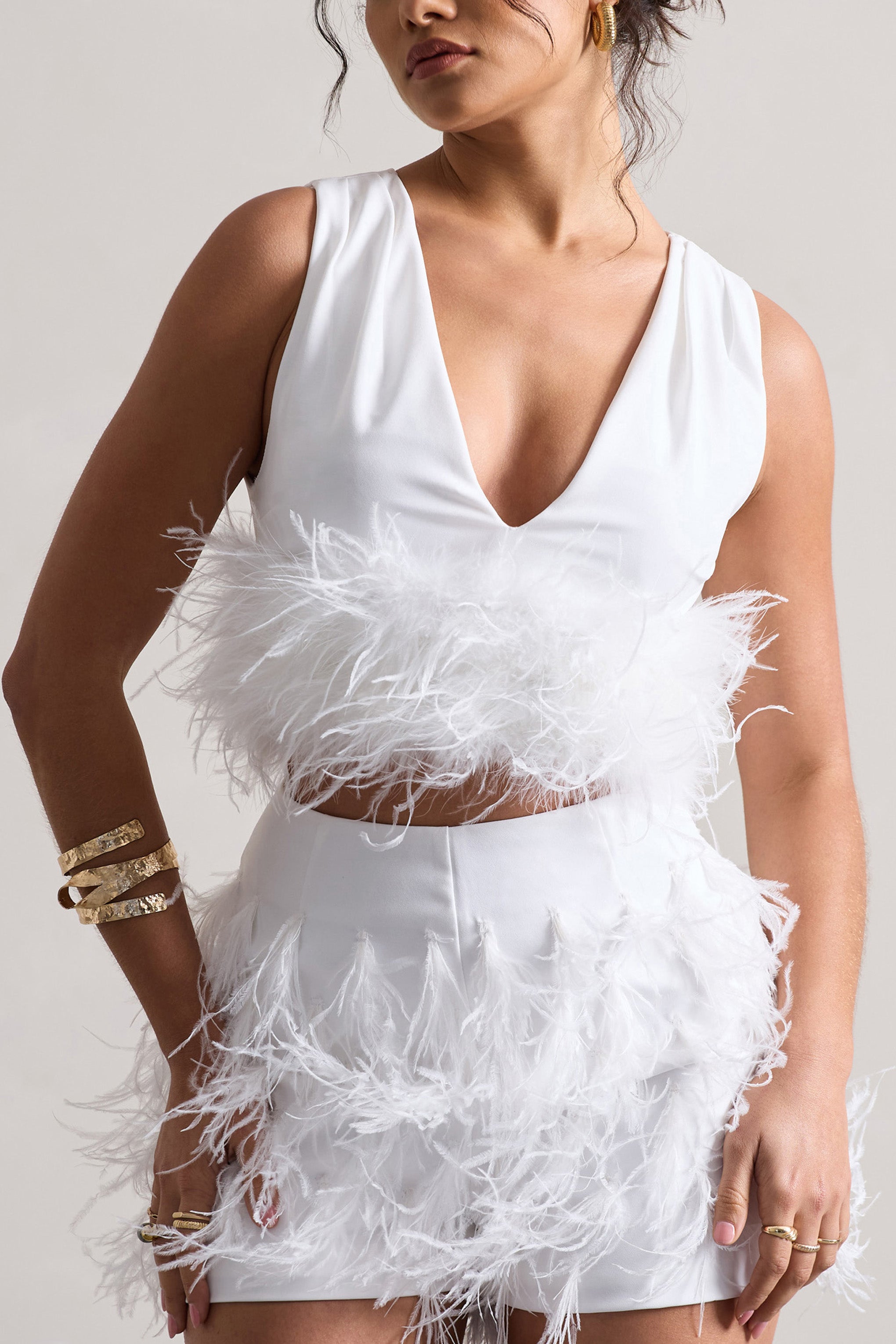 Main Stage White Plunge-Neck Crop Top With Feather Trim