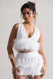 Main Stage White Plunge-Neck Crop Top With Feather Trim