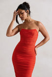 Nylah Orange Ruched Corset Bodycon Midi Dress