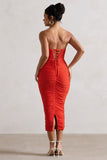 Nylah Orange Ruched Corset Bodycon Midi Dress