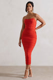 Nylah Orange Ruched Corset Bodycon Midi Dress