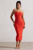 Nylah Orange Ruched Corset Bodycon Midi Dress