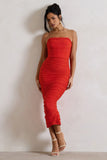 Nylah Orange Ruched Corset Bodycon Midi Dress