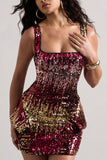 Firework Pink & Gold Sequin Square-Neck Peplum Mini Dress