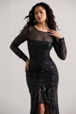 Stargirl Black Sequin Sheer Ruched High-Low Maxi Dress