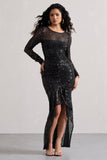 Stargirl Black Sequin Sheer Ruched High-Low Maxi Dress