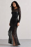 Stargirl Black Sequin Sheer Ruched High-Low Maxi Dress
