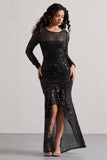 Stargirl Black Sequin Sheer Ruched High-Low Maxi Dress