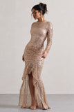 Stargirl Gold Sequin Sheer Ruched High-Low Maxi Dress