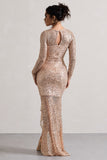 Stargirl Gold Sequin Sheer Ruched High-Low Maxi Dress