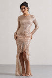 Stargirl Gold Sequin Sheer Ruched High-Low Maxi Dress