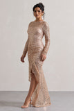 Stargirl Gold Sequin Sheer Ruched High-Low Maxi Dress