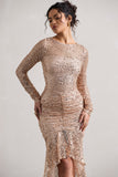 Stargirl Gold Sequin Sheer Ruched High-Low Maxi Dress