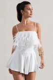Zeppelin White Embellished Strappy Playsuit With Feathers
