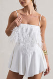 Zeppelin White Embellished Strappy Playsuit With Feathers