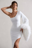 July White Asymmetric One Shoulder Cape Midi Dress With Feathers