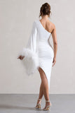 July White Asymmetric One Shoulder Cape Midi Dress With Feathers