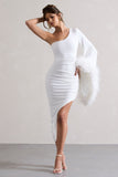 July White Asymmetric One Shoulder Cape Midi Dress With Feathers